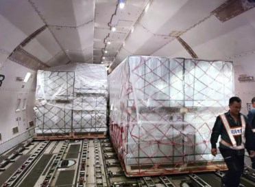 Temperature-protected cargo pallets secured inside an aircraft cargo hold