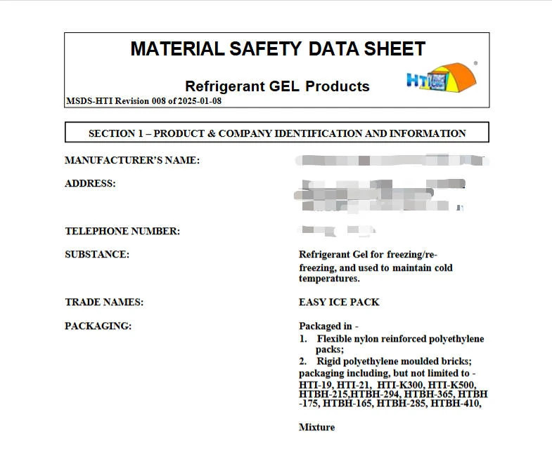 Sample Material Safety Data Sheet showing product identification details